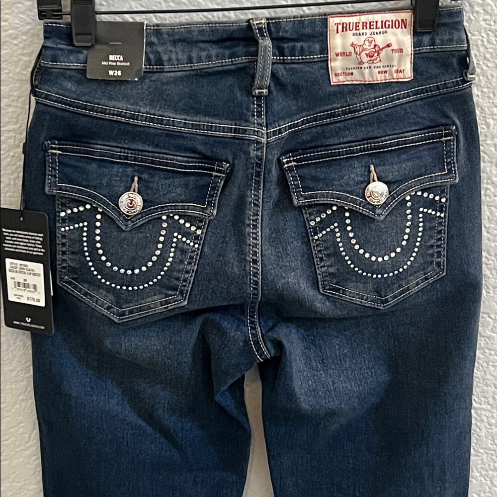 True Religion Becca Crystal Flap Rhinestone Mid Rise Bootcut Jeans Size 26 - Picture 6 of 8